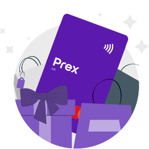 Ilustración de una tarjeta Prex rodeada de regalos.