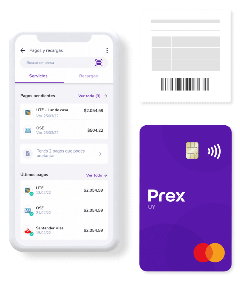 Celular mostrando servicios al lado de un ticket y una tarjeta