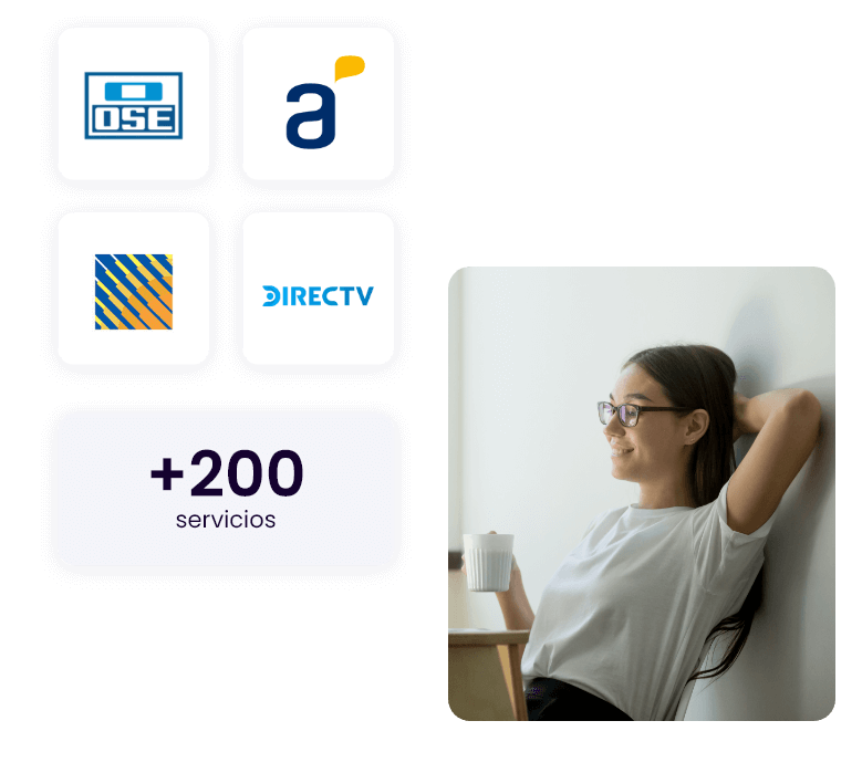 Logos de servicios y mujer reposada con un cafe