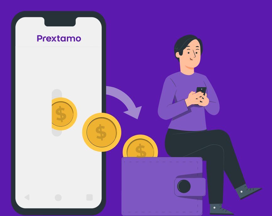 Ilustración de un dispositivo móvil enviando monedas a la billetera de una persona.